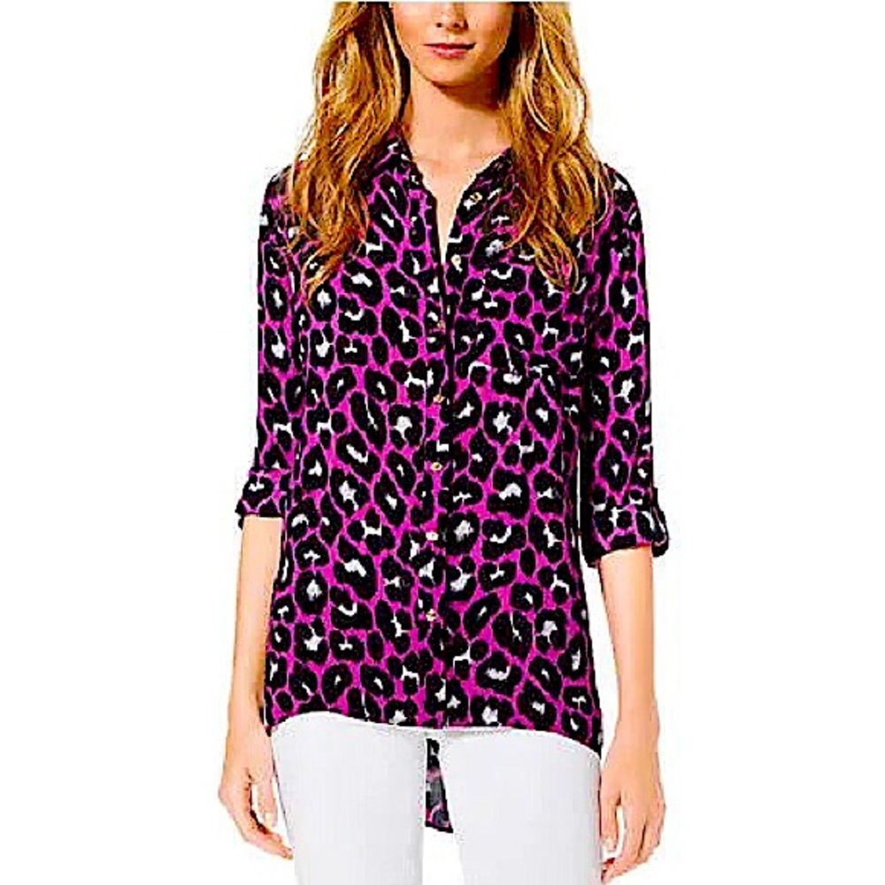 NEW MICHAEL Michael Kors 'Kasuri' Pink Leopard Print Roll Tab Long Sleeve Shirt